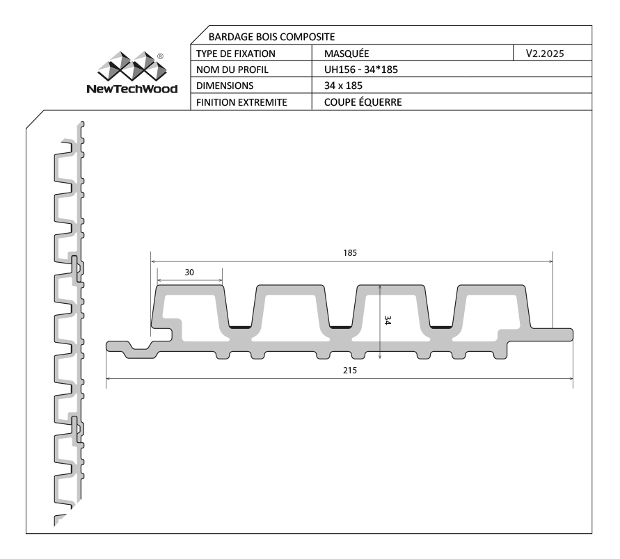 BARDAGE BOIS COMPOSITE BROSSÉ (H54) IP IPÉ SUR FOND NOIR – UH156 34*185*3500