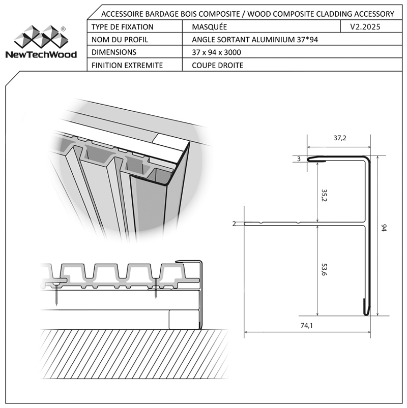 ACCESSOIRE BARDAGE BOIS COMPOSITE BROSSÉ (H54) TK TEAK – CA212 PROFILE EXTRÉMITÉ 37*94*3000