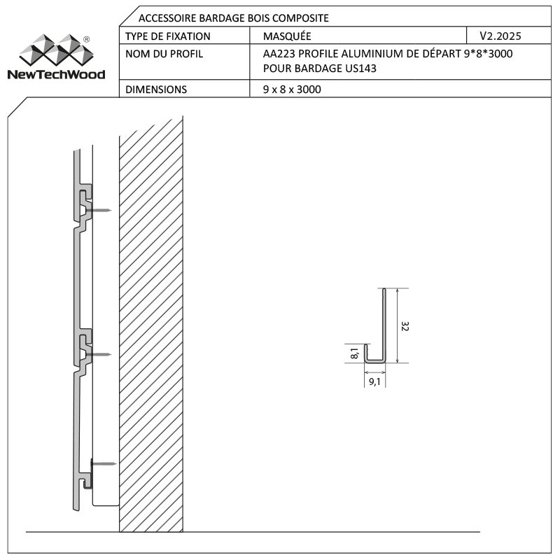 ACCESSOIRE BARDAGE ALUMINIUM – AA223 PROFILE DE DÉPART POUR BARDAGE US143 9*8*3000