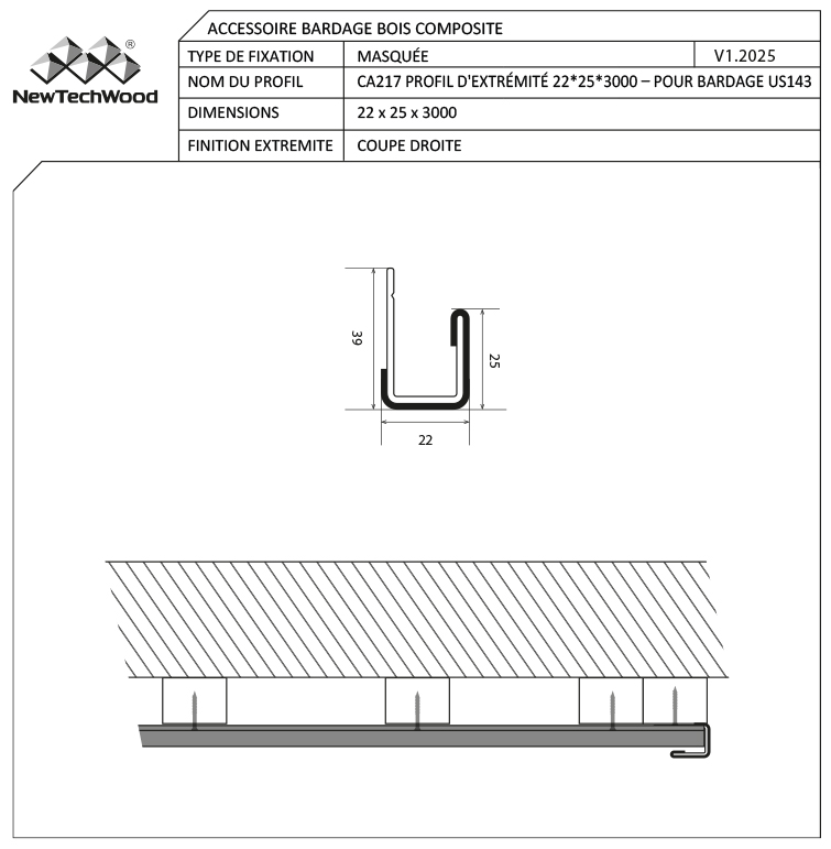 ACCESSOIRE BARDAGE BOIS COMPOSITE BROSSÉ (H54) TK TEAK – CA217 PROFIL EXTRÉMITÉ 22*25*3000