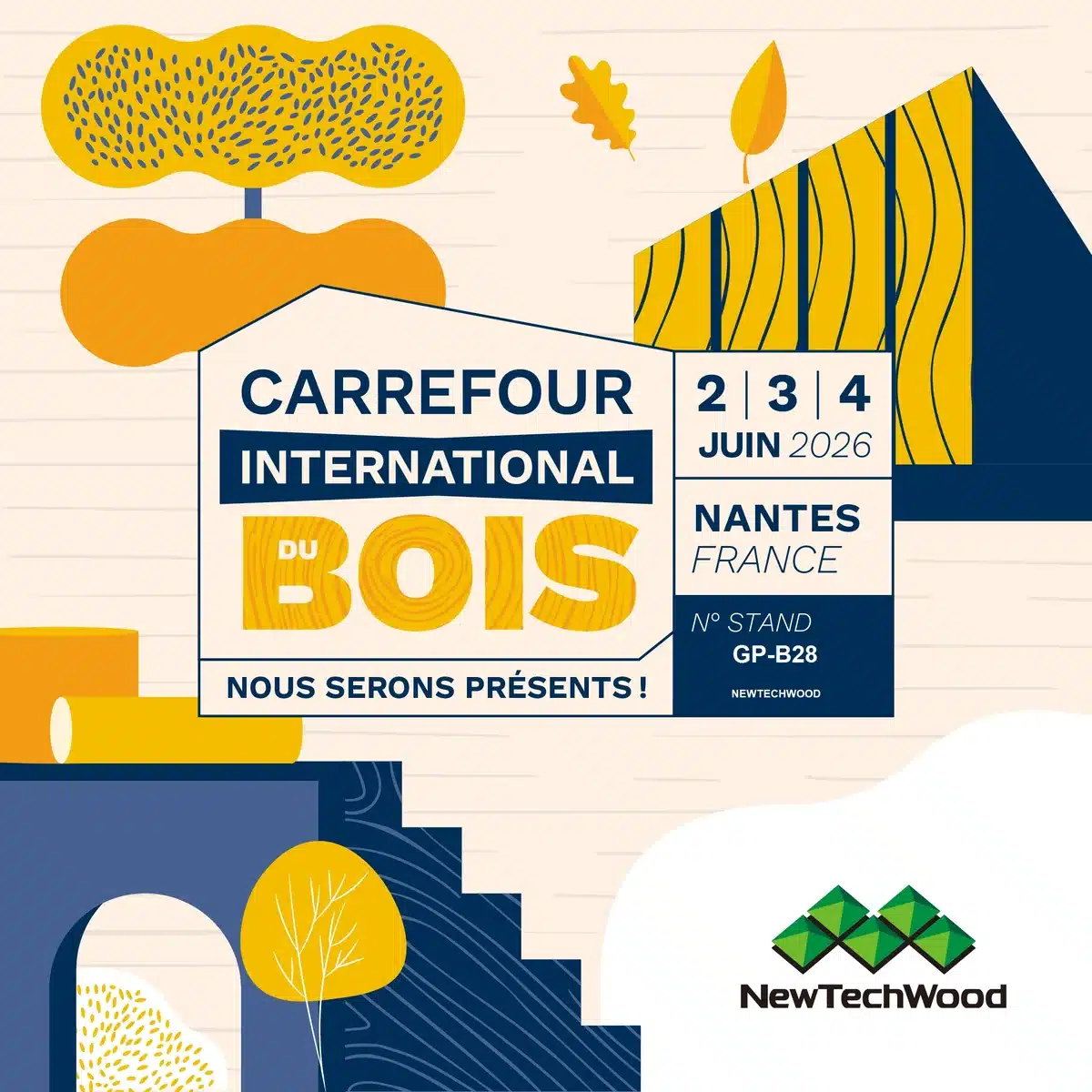 Affiche du salon Carrefour International du Bois 2026 à Nantes, stand NewTechWood GP-B28
